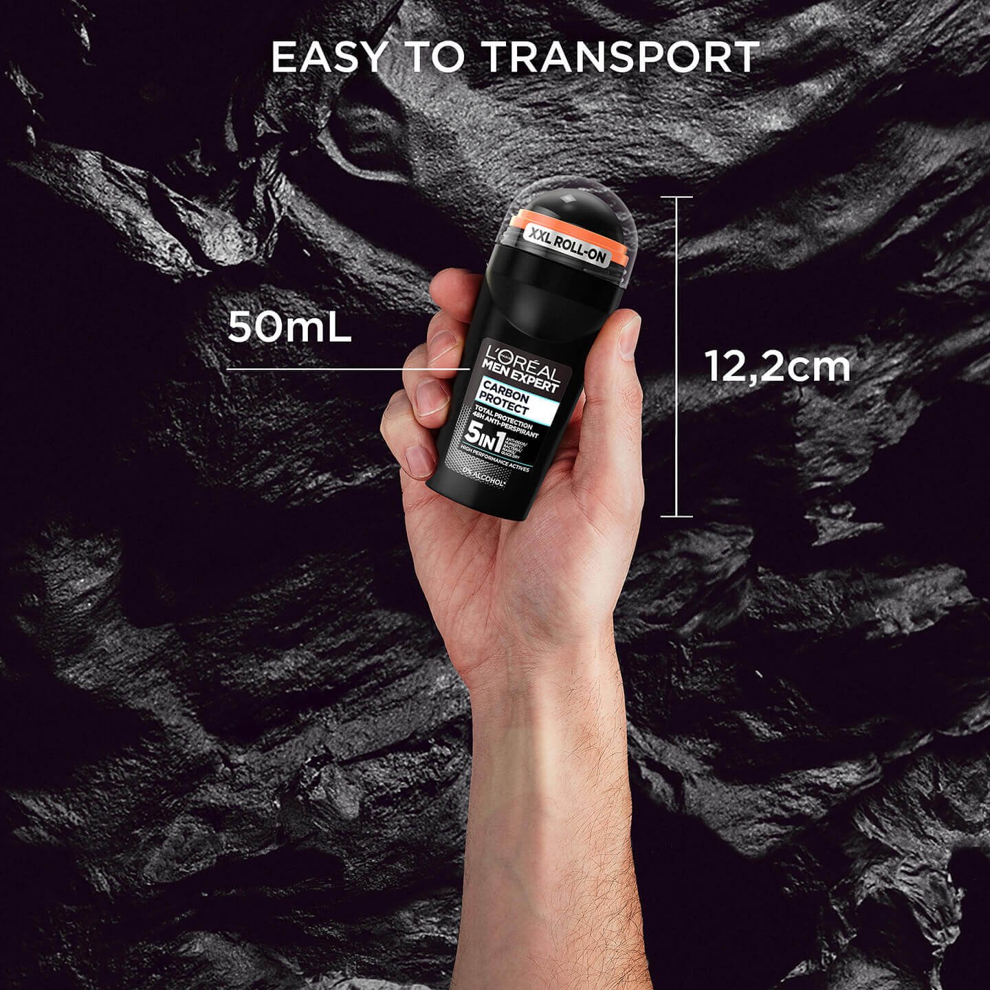 OAP   MEN EXPERT   CARBON PROTECT   ROLL ON DEODORANT   PACK IN HAND 1440x1440px